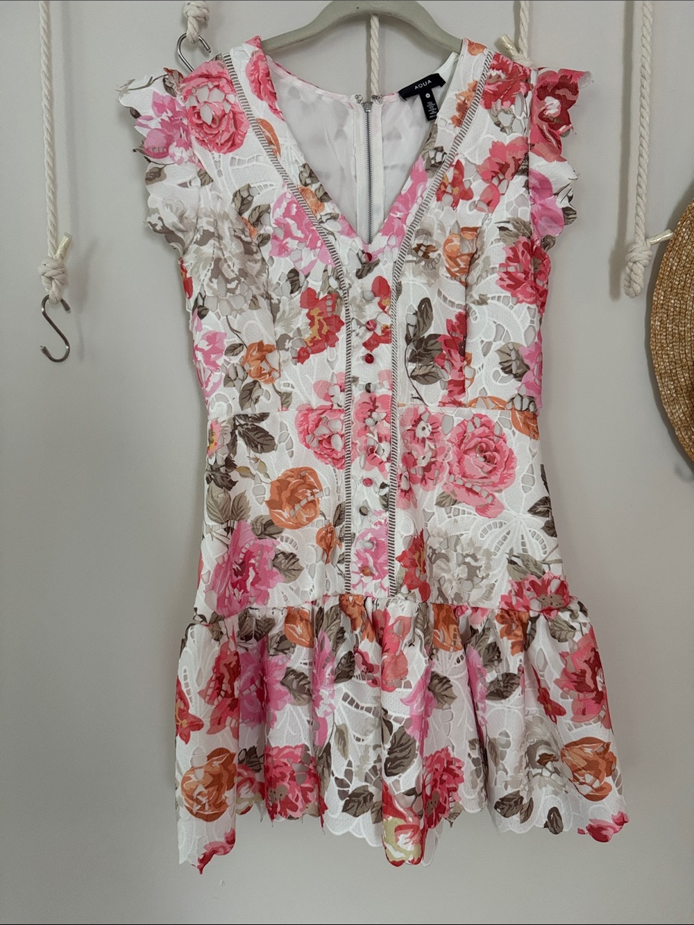 Aqua White Floral Mini Dress with Pink & Orange Roses